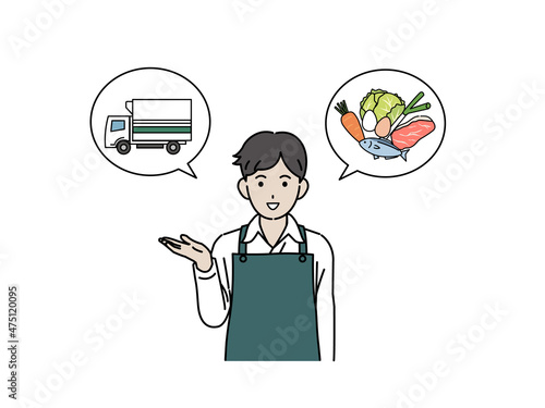 食品配送サービス　配達　説明　案内　スーパーの店員　男性　従業員