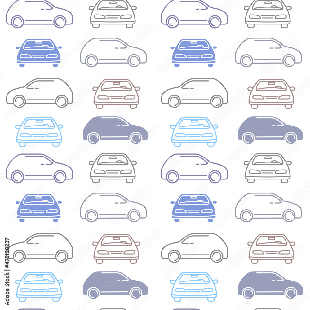 Vector kid illustration of line car on white background. Line art style design of car parking seamless pattern