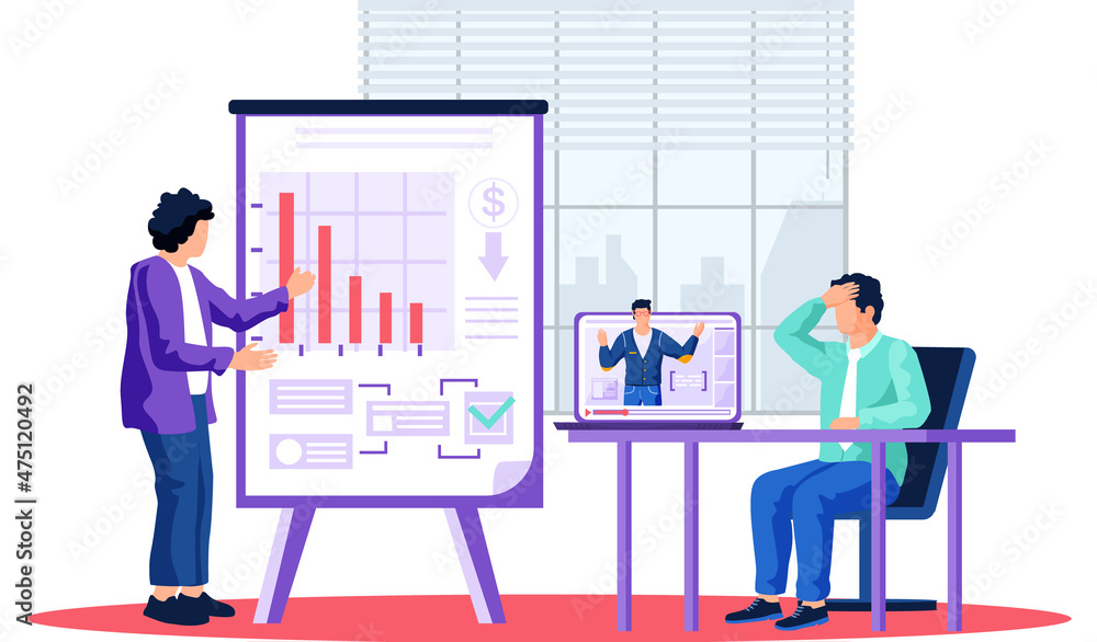 Obraz premium Businessman giving employee presentation of decreasing profit chart. Male character showing and explaining plan to his colleague. Bankruptcy, declining indicators of income, business failure