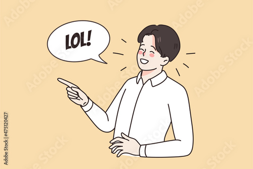 Overjoyed young man have fun laugh at funny hilarious joke. Happy millennia guy smile giggle at anecdote. LOL concept. Joker and humor representation. Vector illustration, cartoon character.  photo