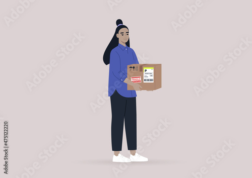 A young female Asian character holding a cardboard box with stickers and labels on it, a courier service, post box delivery