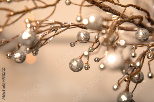 Christmas decorative branch with silvery berries. Close-up