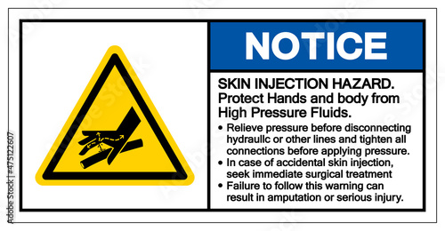 Notice Skin Injection Hazard Protrct Hands and body from High Pressure Fluids Symbol Sign, Vector Illustration, Isolate On White Background Label .EPS10