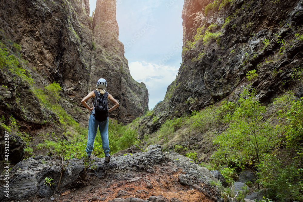 woman on Barranco del Infierno trail in Tenerife. Canary Islands