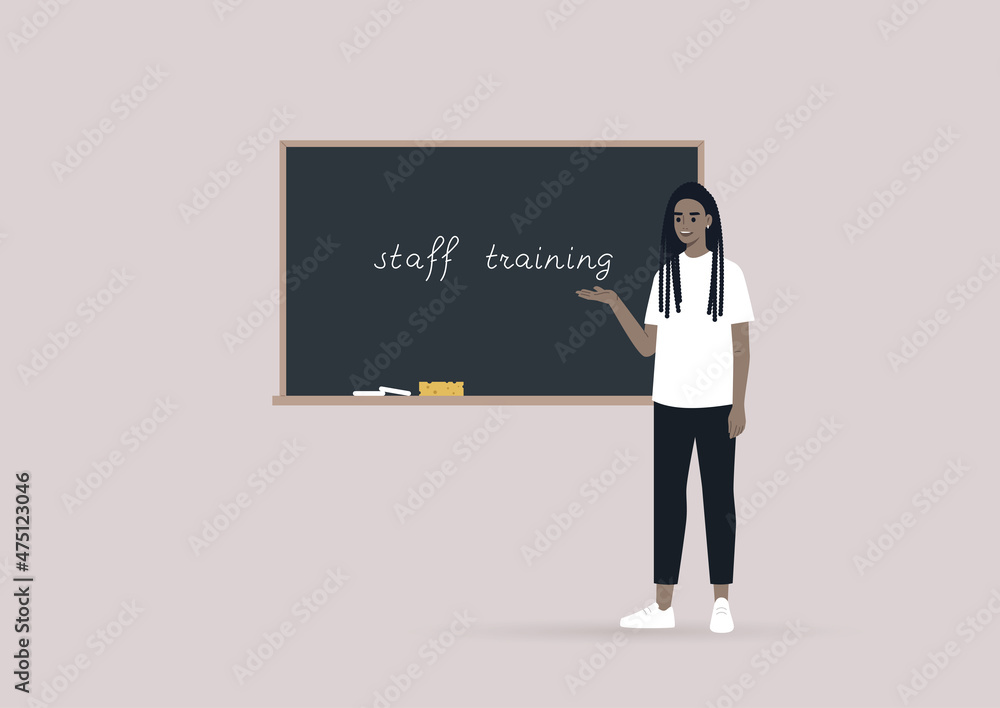 Staff training seminar, a young female African character pointing at the blackboard, lifelong learning concept Staff training seminar, a young female African character pointing at the blackboard, lifelong learning concept