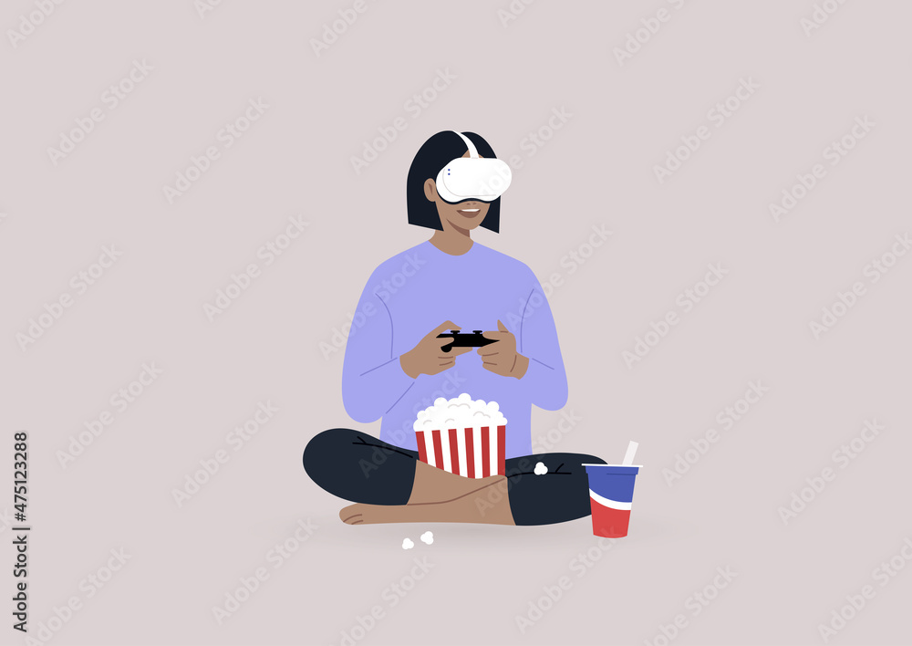 A young character wearing a VR headset, playing a video game console, and munching snacks, a wireless entertainment technology, modern lifestyle