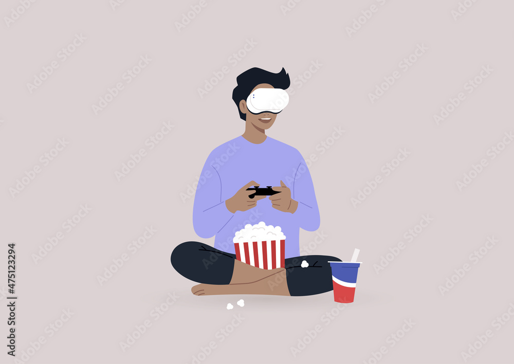 A young character wearing a VR headset, playing a video game console, and munching snacks, a wireless entertainment technology, modern lifestyle
