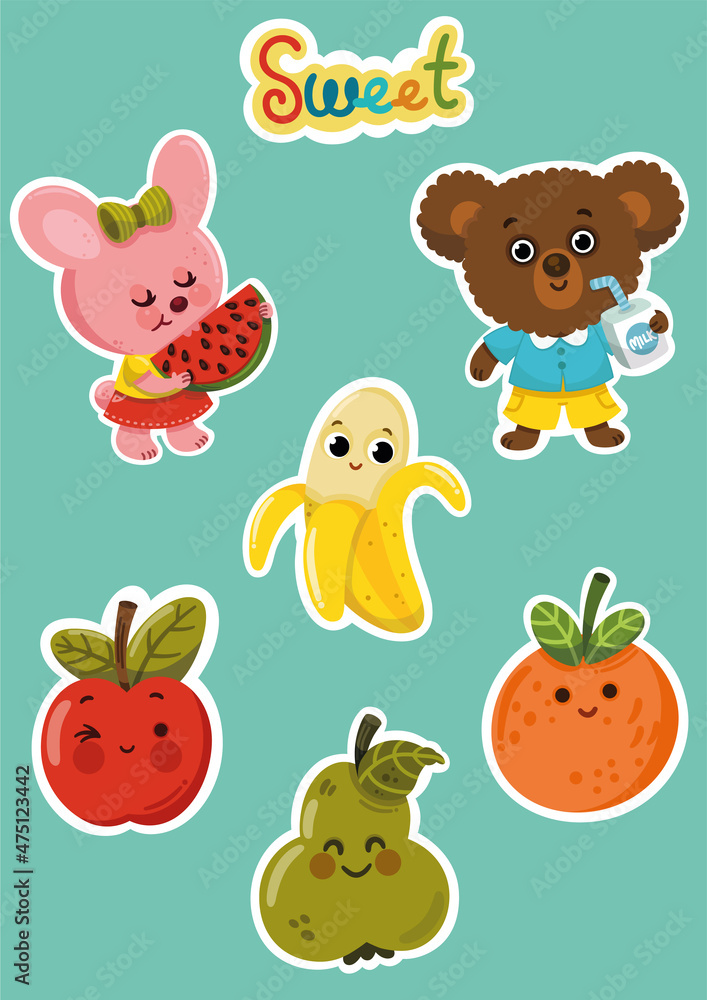 Naklejka premium Cute animal and fruits sticker set for little children. Vector illustration.