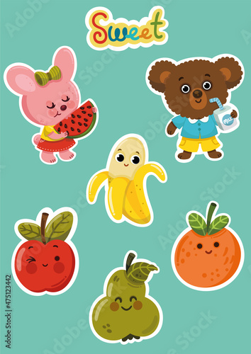 Cute animal and fruits sticker set for little children. Vector illustration.