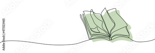 Continuous one line drawing open book with flying pages. Education  and  back to school concept. Vector illustration