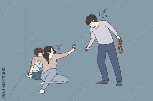 Scared young woman protect herself and child from cruel mad husband. Angry furious man threaten afraid wife and kid. Domestic violence and abuse concept. Flat vector illustration. 
