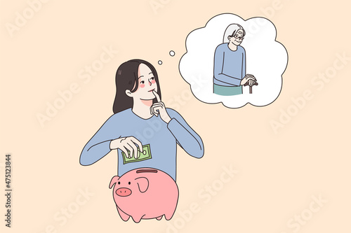 Provident young woman save money in piggybank think of happy wealthy retirement. Economic girl make investment for future, consider elderly years. Finance stability concept. Vector illustration. 