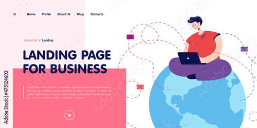 Man sitting on globe and sending emails. Male character with laptop writing letters flat vector illustration. Communication, global network concept for banner, website design or landing web page