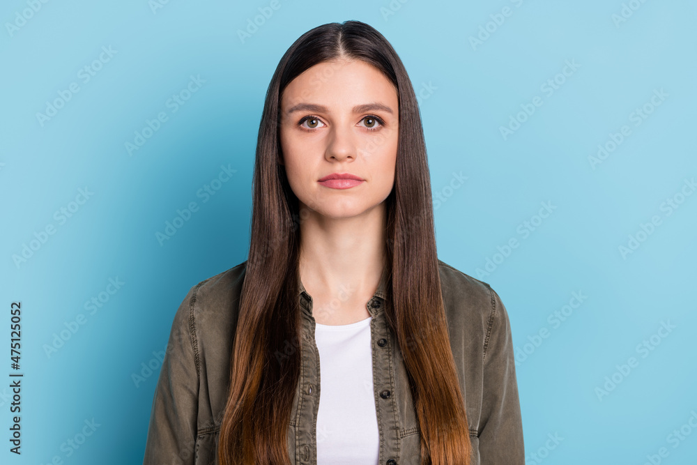 Portrait of successful lady executive chief look in camera isolated over sky light color background Portrait of successful lady executive chief look in camera isolated over sky light color background