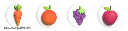 3d volumetric icons with vegetables and fruits in a simple style. Vector
