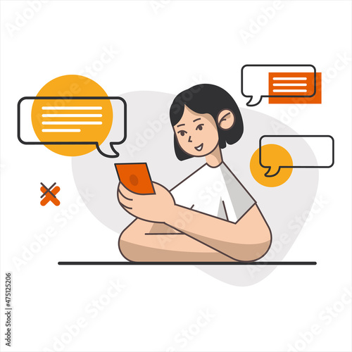Modern advertising. Global marketing concept. Vector illustration. Remote business. Girl management at office. Woman haracter manager corporate with social community.