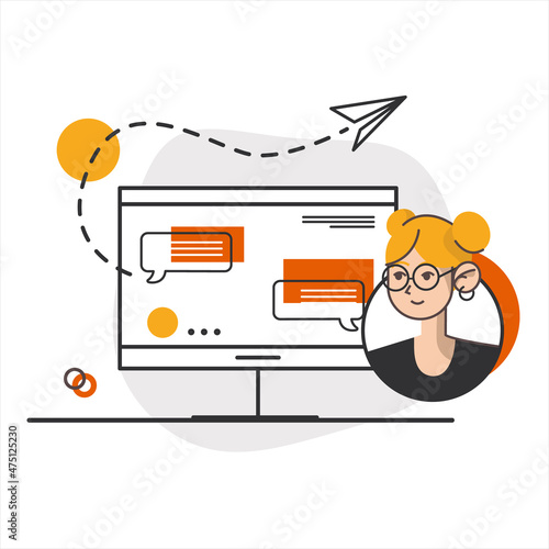 Modern advertising. Global marketing concept. Vector illustration. Remote business. Girl management at office. Woman haracter manager corporate with social community.