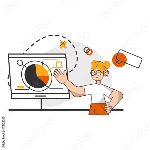 Modern advertising. Global marketing concept. Vector illustration. Remote business. Girl management at office. Woman haracter manager corporate with social community.