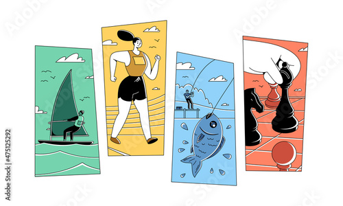 Unpopular sports flat vector illustration, sport fishing, chess