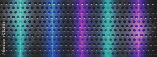 abstract dark background with neon rays made of perforated plastic or metal. Black abstract background in realistic style. Perforated sheet metal