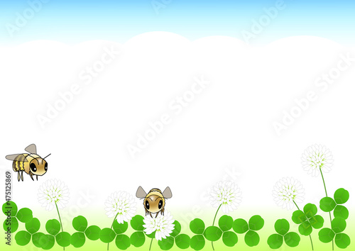 青空とシロツメクサの花と葉とミツバチの背景