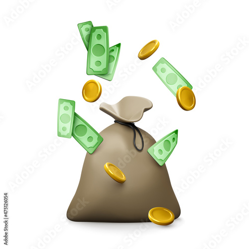 Money bag with falling gold coins and paper currency. Financial services or cash back concept. Return on investment. Fast cash loan. Easy credit or quick payment