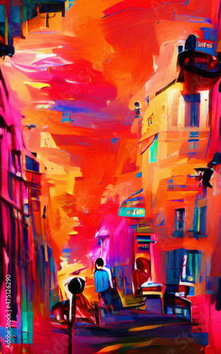 Bright colorful Paris street drawing. Modern impressionism painting contemporary art. Color houses and building. Surreal abstraction in oil and pastel mixed. Wall art print, poster, canvas artwork © AnnArts