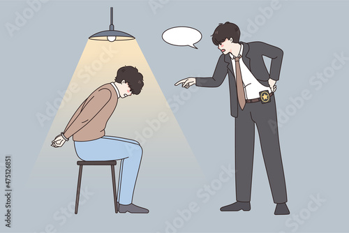 Police detective question interrogate criminal in handcuffs in department. Policeman have interrogation of suspect in cell after crime committing. Law and order, justice concept. Vector illustration. 
