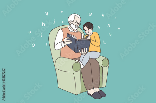 Happy mature grandfather sit in armchair reading book to little grandson enjoy weekend together. Caring granddad relax in chair with small grandchild. Old and young generation. Vector illustration. 