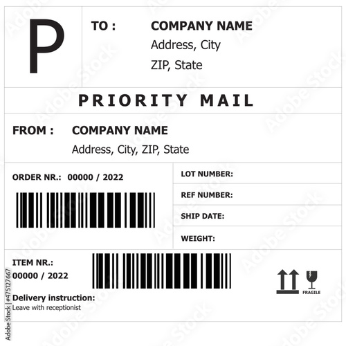 Shipping barcode label template. Packaging, Cargo Labels or Sticker. Priority mail with barcode mock up,  Delivery bar code mockup.  Vector illustration.