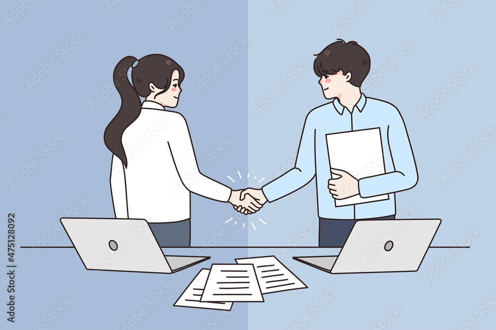 Happy businesspeople shake hands get acquainted greet at office meeting. Smiling diverse business partners handshake close deal make agreement after negotiation. Partnership. Vector illustration. Happy businesspeople shake hands get acquainted greet at office meeting. Smiling diverse business partners handshake close deal make agreement after negotiation. Partnership. Vector illustration.