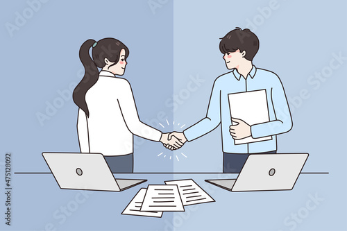Happy businesspeople shake hands get acquainted greet at office meeting. Smiling diverse business partners handshake close deal make agreement after negotiation. Partnership. Vector illustration. 