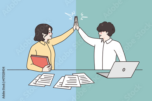 Happy businesspeople give high five celebrate shared success cooperating at computer in office. Smiling diverse business partners win or victory celebration. Teamwork concept. Vector illustration. 