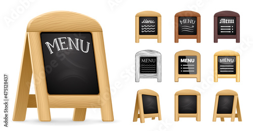 Menu blackboard signs. Set of vector icons. A-Frame chalkboard. Sidewalk sandwich board with a text 'Menu' and black empty space. Different designs