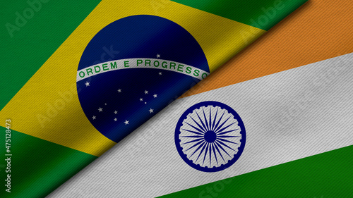 3D Rendering of two flags from Federative Republic of Brazil and India together with fabric texture, bilateral relations, peace and conflict between countries, great for background