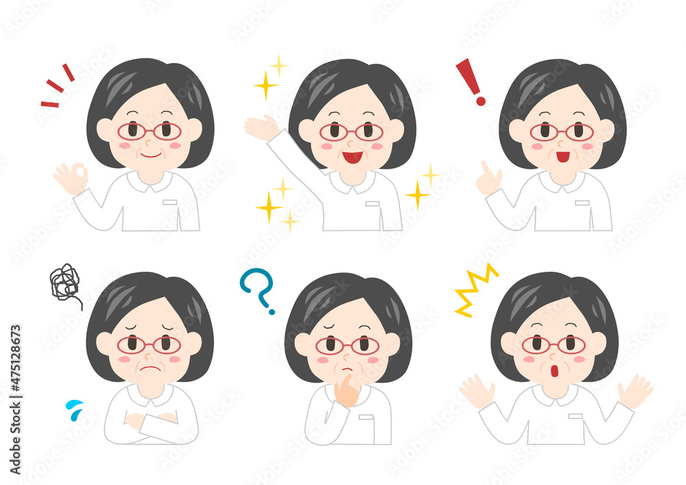 中年女性医療従事者の表情イラストセット 中年女性医療従事者の表情イラストセット