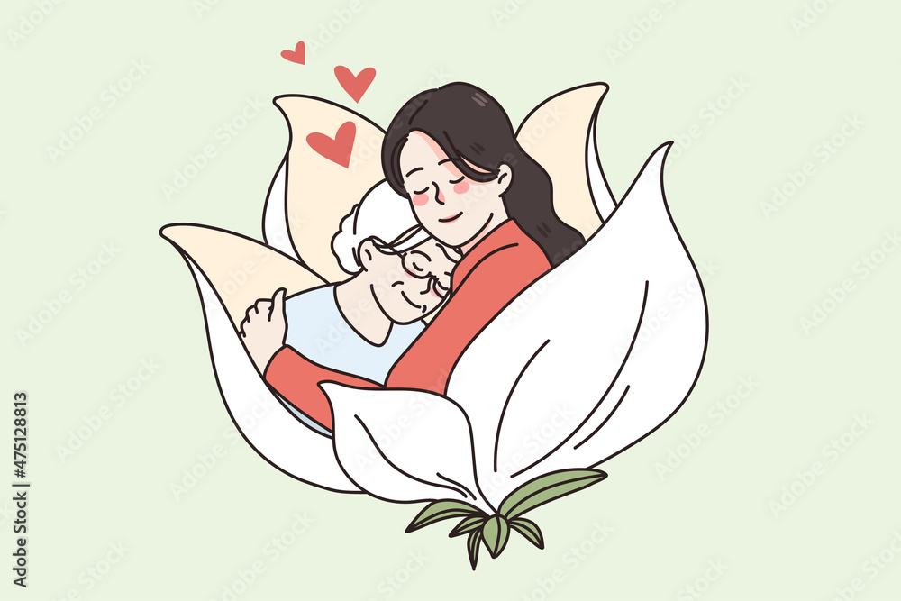 Obraz premium Young woman hug cuddle old mother show love and care. Happy millennial girl embrace comfort mature elderly grandmother. Geriatrics, good maturity concept. Flat vector illustration. 