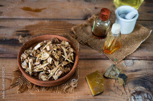 traditional natural ingredients for homemade Elecampane root salve preparation