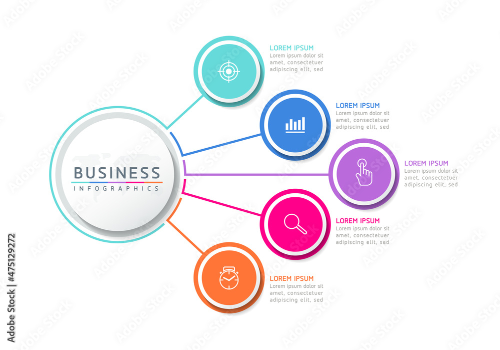 Vector illustration, infographics design, template, marketing, information, with 5 options or steps Vector illustration, infographics design, template, marketing, information, with 5 options or steps