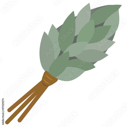 Birch broom for a bath or sauna. Cartoon vector icon isolated on white background. Country bath or spa salon. Home spa made from natural materials. Rest with folk remedies.