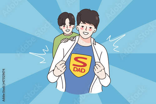 Smiling young Caucasian father show Super dad t-shirt have fun with small son. Happy little boy child hug daddy demonstrate love and care. Fatherhood, best parent concept. Flat vector illustration. 