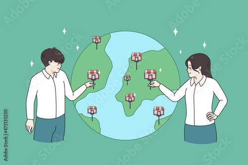Businesspeople expand restaurant franchise network over globe. Successful people entrepreneurs share business worldwide, open new places around world. Entrepreneurship. Vector illustration. 