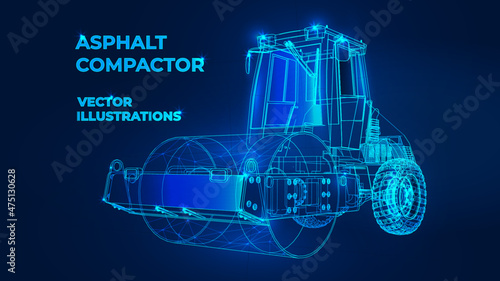 Polygonal 3d Asphalt compactor in dark blue background. Road repair service. Public transport. Service sector of the urban environment.