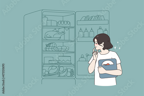 Pensive young woman with scales open fridge think of diet food or meal. Millennial girl look into refrigerator for low calorie product. Nutrition plan and weight loss concept. Vector illustration. 