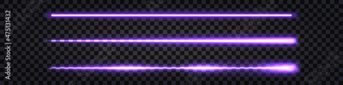 Purple neon sticks, laser beams with glowing light effect. Electric thunder bolt, fluorescent shiny ray lines isolated on transparent dark background. Vector illustration