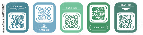 QR code icons for mobile phone scan, square qrcode labels. Colorful stickers with Scan me mark. Vector illustration