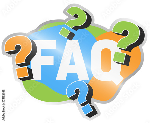 colorful FAQ frequently asked questions label with question marks, vector illustration