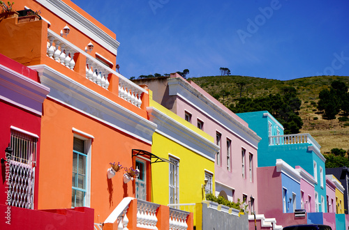 Bo-Kaap district, Cape Town, South Africa - 14 December 2021 : Distinctive bright houses in the bo-kaap district of Cape Town, South Africa