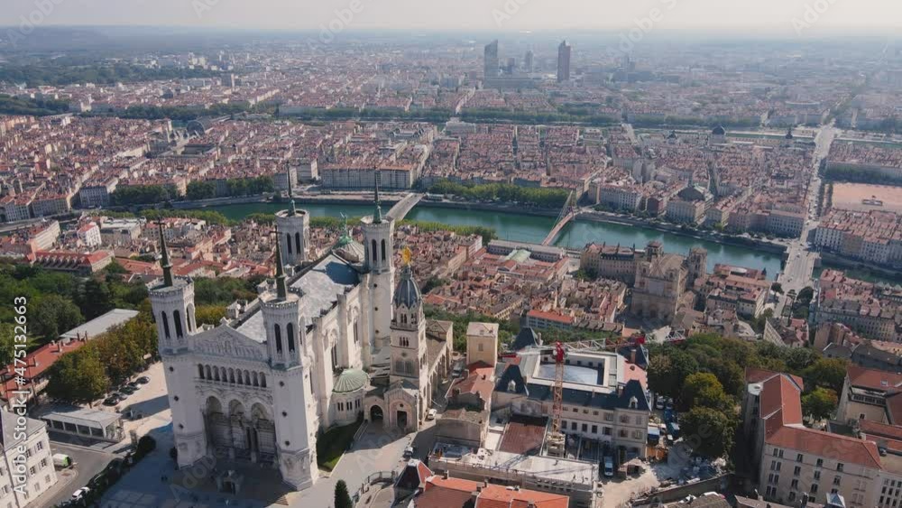 Lyon city aerial view, church Basilique Notre Dame de Fourviere, France Lyon city aerial view, church Basilique Notre Dame de Fourviere, France