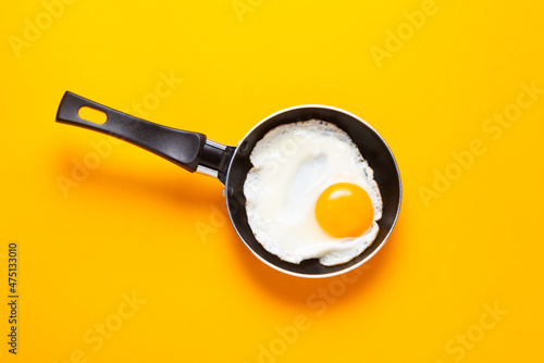 Принти на полотні Scrambled, frying  eggs from one egg in a small pan on yellow background